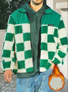 Manfinity EMRG Men's Loose-Fit Checker Printed Zip-Up Jacket With Letter Patchwork