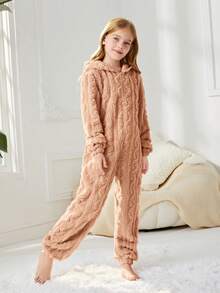SHEIN Cô gái Dệt kim Màu thuần Dệt hoa Lông cừu áo có mũ Lỏng lẻo phù hợp Một miếng Áo liền quần Đối với Nhà  Mặc - Lạc đà - Xem 3