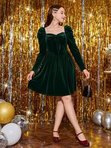 Magnifique Robe En Velours Pour Adolescentes Avec Encolure Carrée, Manches En Agneau Et Détail Nœud - Vert sapin - Voir 6