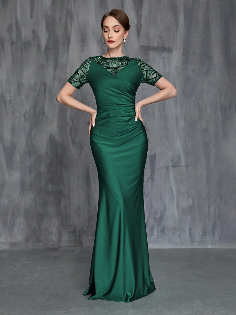 Women's Contrast Sequin Ruched Formal Dress - Dark Green - View 1