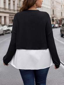 SHEIN LUNE Plus Size Women'S Color-Block Drop-Shoulder Shirt - Black and White - View 2