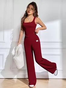 SHEIN EZwear Ladies' Double Layer Top & Long Trousers Set - Burgundy - View 1