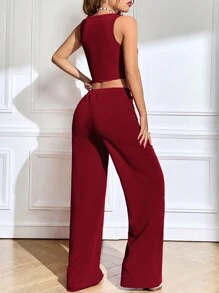 SHEIN EZwear Ladies' Double Layer Top & Long Trousers Set - Burgundy - View 2