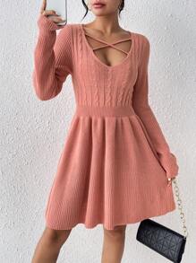 SHEIN LUNE 女款交叉高領毛衣洋裝 - 藕粉色 - 查看 1