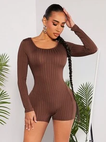SHEIN SXY Của phụ nữ Không tay Scoop Cổ Sọc Quần áo nịt Romper - màu nâu - Xem 3