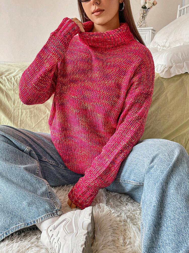 Plus Space Dye Turtleneck Drop Shoulder Sweater Knit Pullover Fall Winter Sweater