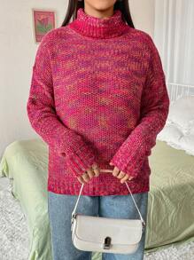 Flirla Plus Space Dye Turtleneck Drop Shoulder Sweater Knit Pullover Fall Winter Outfit