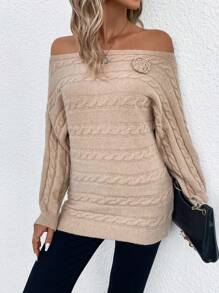 SHEIN Clasi Của phụ nữ Màu thuần 3D Chi tiết Hoa Off Shoulder Áo len - Màu Khaki - Xem 5