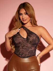 SHEIN SXY 华丽女士不对称肩部礼品丝带蕾丝紧身胸衣上衣 - 黑色 - 查看 4