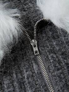 SHEIN EZwear Trang trí Fuzzy Dây kéo Áo phông Crop - Xám - Xem 4