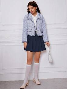 SHEIN Qutie Women'S Solid Color Pleated Skirt, Versatile Style - Navy Blue - View 3