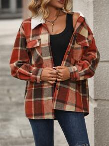 SHEIN LUNE Women's Checked Color Block Collar, Lapel, Flap Pocket Woolen Coat Fall Cloth For Women