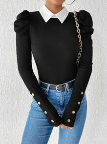 SHEIN Privé Polo 領泡泡袖羅紋 T 卹 - 黑色 - 查看 3