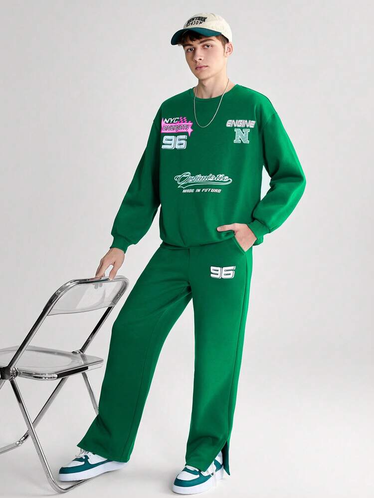 Teen Boys Casual Comfortable Printed Round Neck Sweatshirt And Straight Leg Slit Knit Pants Set, Fleece, Thickened