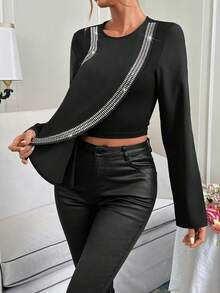 SHEIN Privé Của phụ nữ Viền Ruffle Pha lê Nghệ Embellished Áo - màu đen - Xem 6