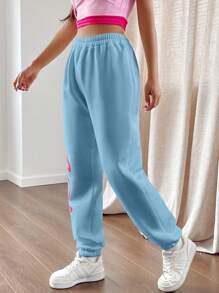 SHEIN EZwear 女式彈性腰口&捲邊褲管的字母印花運動褲 - 淺藍色 - 查看 3