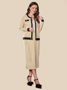 Modelyn 女用撞色飾邊毛衣和百褶針織裙兩件套 - 杏色 - 查看 5