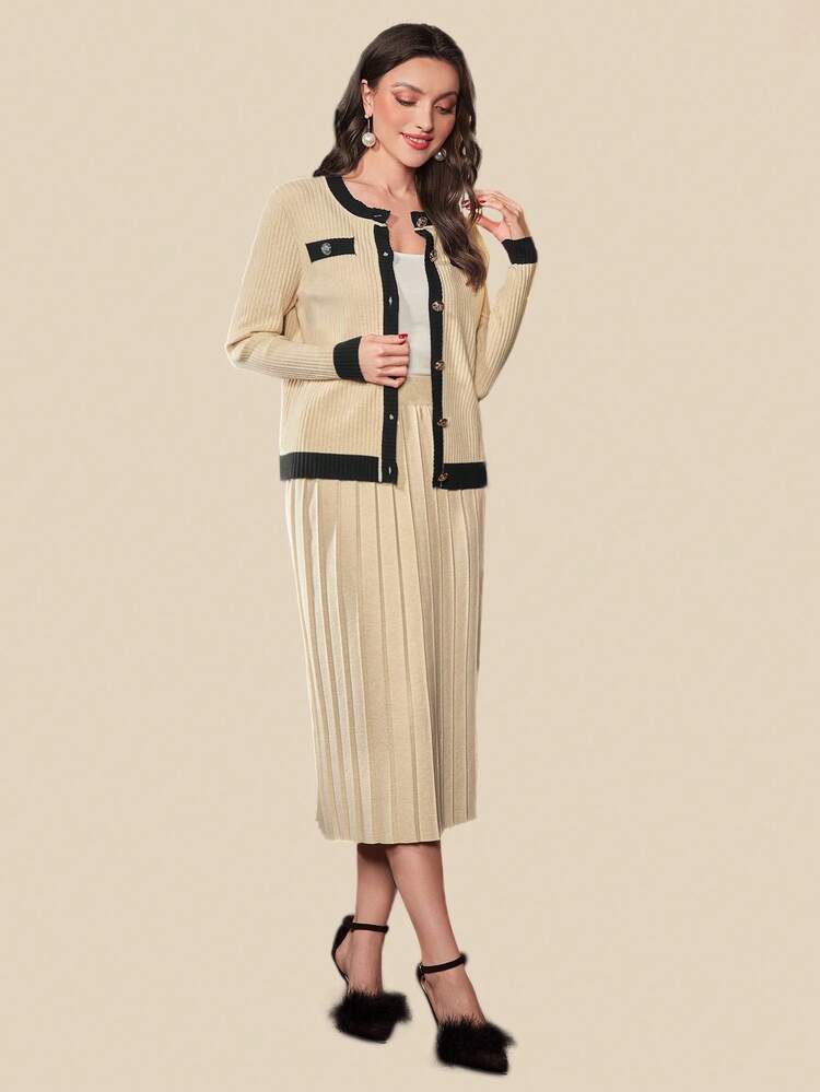 Women'S Contrast Trim Sweater And Pleated Knit Skirt Two Piece Set Fall Cloth For Women