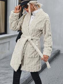 SHEIN LUNE Dual Pocket Belted Teddy Coat - Beige - View 4