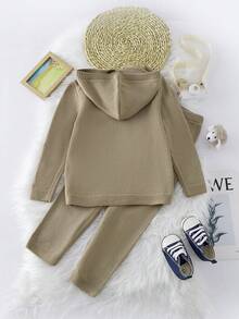 SHEIN Young Boy Hooded Thermal Sweater Set, Fall And Winter - Khaki - View 2