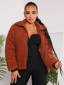 SHEIN SXY Sexy Club Teddy Fleece Women'S Padded Coat - Khaki - View 4