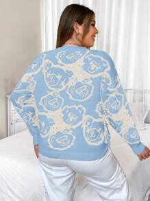 Flirla Women's Round Neck Design Blue Cartoon Bear Print Pullover Sweater