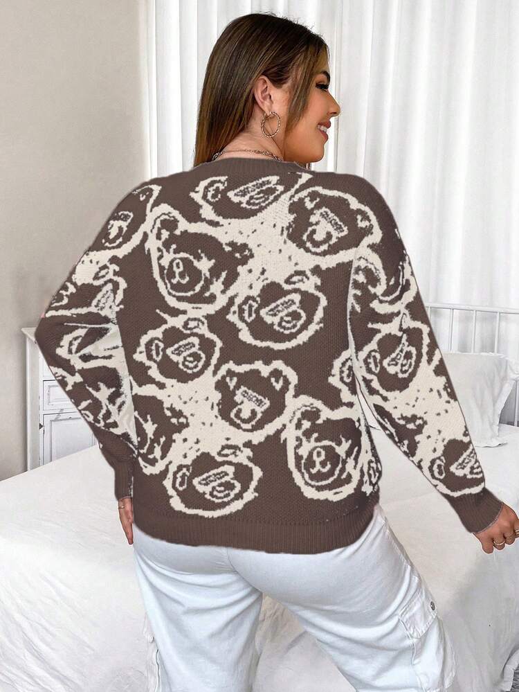 Women's Plus Round Neck Cartoon Bear Patterned Pullover Sweater With Unique Design Brown Knit Pullover Fall Winter