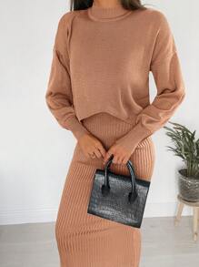 SHEIN Cottnline Mock Neck Drop Shoulder Sweater & Knit Dress - Camel - View 5