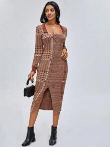 ELPIDA Designer Karomuster Spaltafront figurbetont elegantes Pullover-Kleid Outfit, geeignet für Feiertage, Partys, Geburtstage, Festivals, Hochzeiten, Abschlussbälle - Rot - Übersicht 3