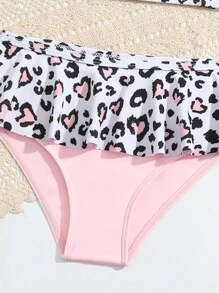 Young Girl Swimwear Set, Heart-Shaped Pink Color, Leopard Print