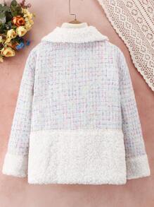 SHEIN Girls' (big) Plaid Jacket With Plush Patchwork Details - Beige - View 2