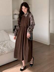 Dazy Star Women's Plaid Patchwork 2 In 1 Dress Shirt Dress,Fall Clothes Long Sleeve Dress