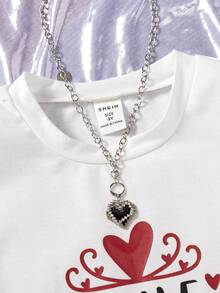 SHEIN 女童休閒字母愛心圓領t卹適合春夏 - 白色 - 查看 5