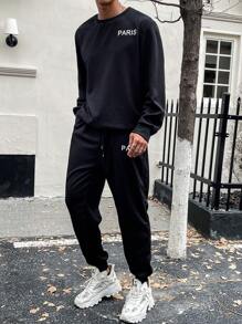 Manfinity Homme Men Plus Black Letter Print Sweatshirt And Sports Pants 2pcs/Set