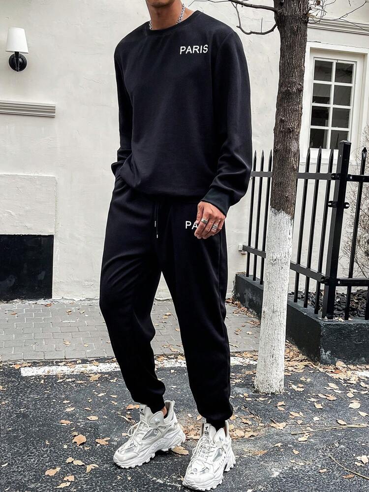 Men Plus Black Letter Print Sweatshirt And Sports Pants 2pcs/Set