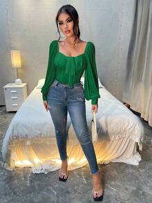 SHEIN SXY 女式愛心領襯衫，襯衫配荷葉袖，綁帶設計 - 綠色 - 查看 3