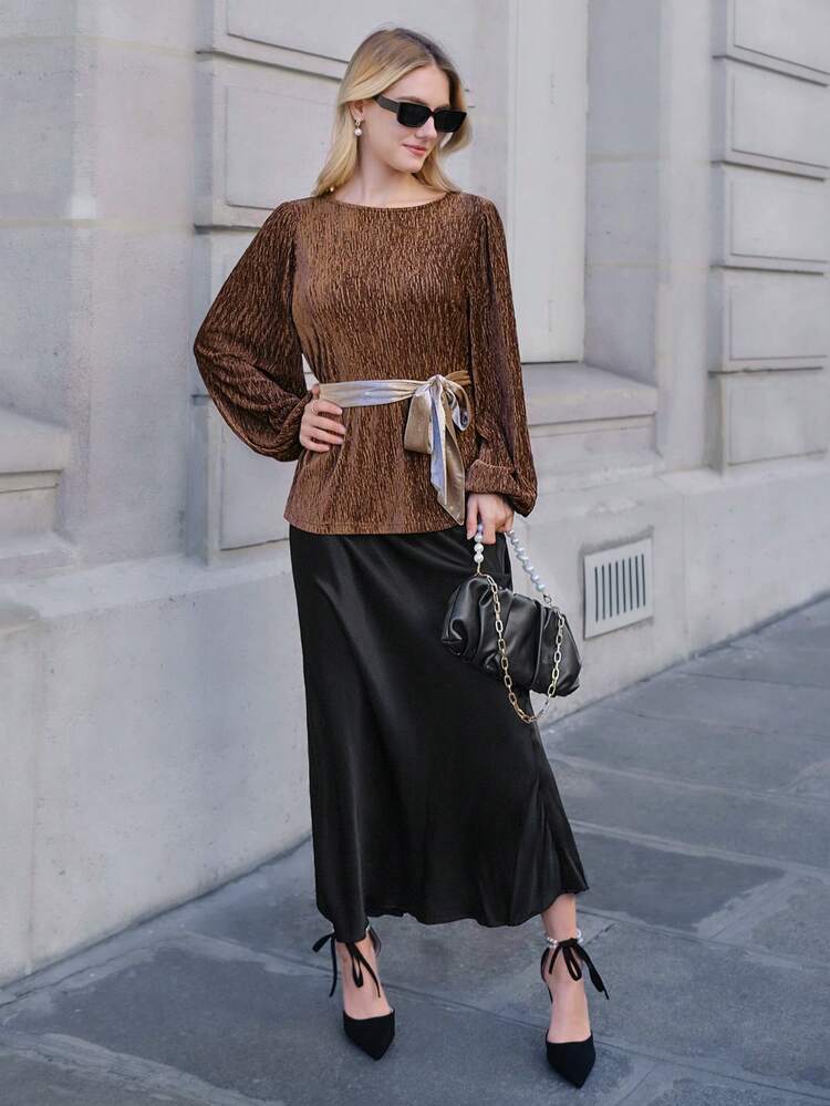 Women's Lantern Sleeve Belted Ruched T-shirt