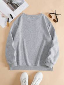 SHEIN LUNE 女士灰色圓領套頭衫,合身剪裁,長袖和印花圖案 - 灰色 - 查看 2