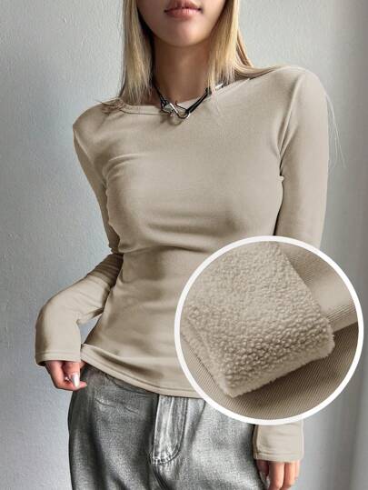 DAZY Camiseta térmica de unicolor con forro polar para mujer, manga larga, tops para mujer, forro polar para otoño e invierno