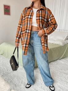 SHEIN LUNE 大码女式格子落肩纽扣衬衫 - 彩色 - 查看 3