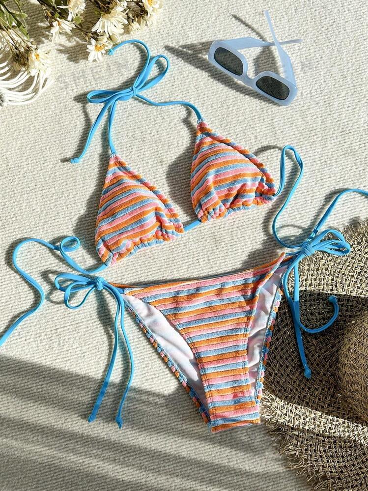 SHEIN Swim Mod Summer Beach Striped Triangle Tie Side Bikini Set