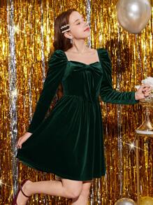 Magnifique Robe En Velours Pour Adolescentes Avec Encolure Carrée, Manches En Agneau Et Détail Nœud - Vert sapin - Voir 1