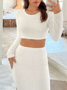 SHEIN EZwear Solid Color Short T-shirt And Slit Skirt Two-piece Set - White - View 7
