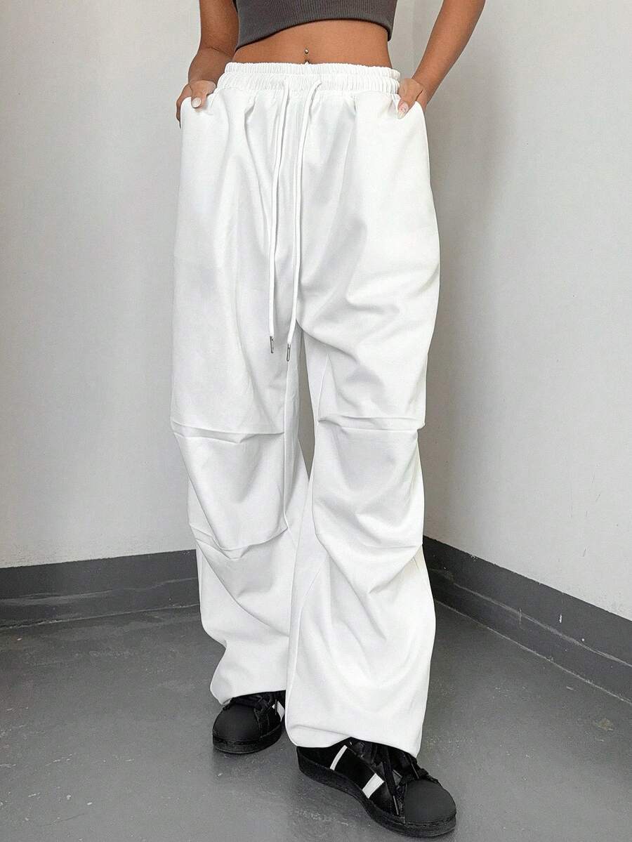 Dazy Star 女士純色束口腰長褲 - 白色 - 查看 1