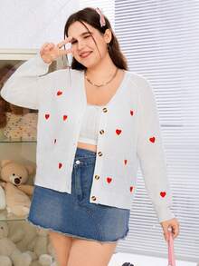 SHEIN Qutie Của phụ nữ Kích thước lớn Thêu trái tim Tay Raglan Nút-Mặt trước Áo len Mở - trắng - Xem 3