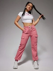 SHEIN EZwear 束口腰帶貨物風格牛仔褲 - 藕粉色 - 查看 3