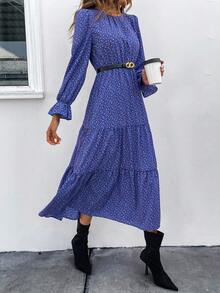 SHEIN Clasi In Toàn bộ tay áo lá sen Xù Hoa Sen Đầm Không có thắt lưng - Màu xanh ngọc - Xem 5