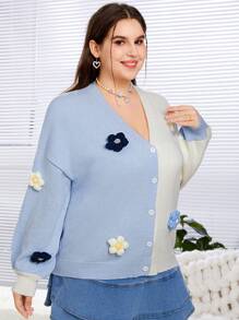 SHEIN EZwear 大尺碼女士色塊開衫,3d花卉設計 - 彩色 - 查看 3