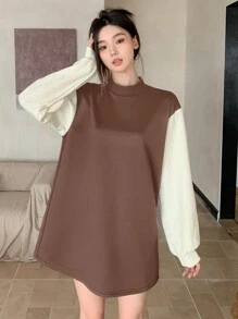 DAZY 女款立領拼色寬鬆休閒連衣裙 - 咖啡棕 - 查看 4