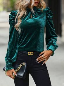 SHEIN Clasi Women's Velvet T-shirt With Keyhole Neckline - Dark Green - View 3